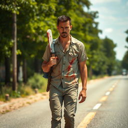 A man walking on the side of the road in summer, carrying a bloody machete