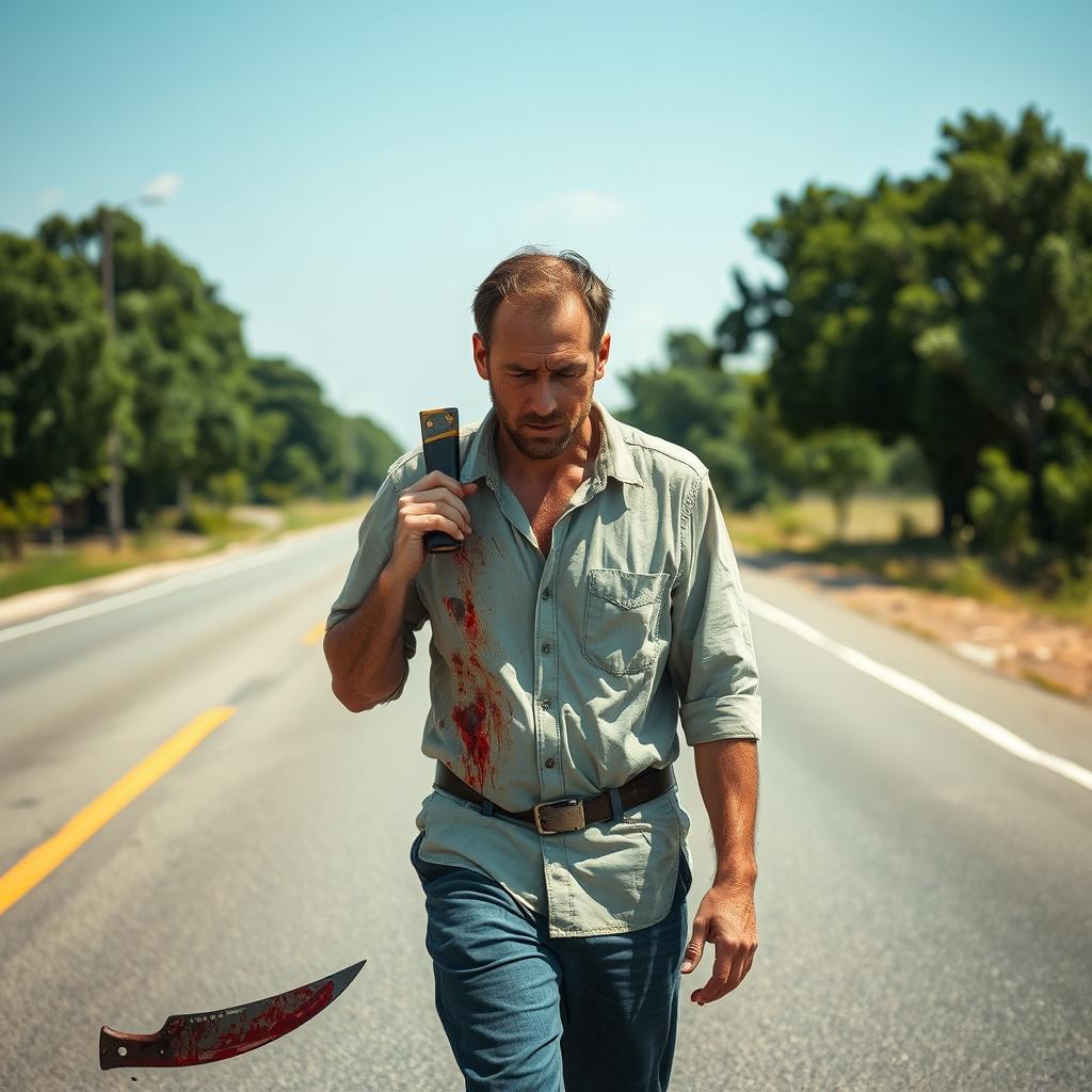 A man walking on the side of the road in summer, carrying a bloody machete