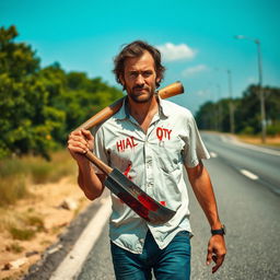 A man walking on the side of the road in summer, carrying a bloody machete