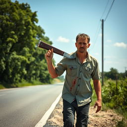 A man walking on the side of the road in summer, carrying a bloody machete