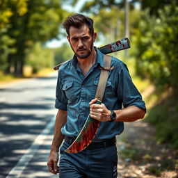 A man walking on the side of the road in summer, carrying a bloody machete