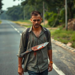 A man walking on the side of the road, carrying a bloody machete