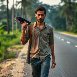 A man walking on the side of the road, carrying a bloody machete