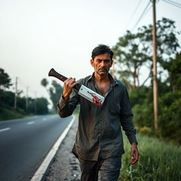 A man walking on the side of the road, carrying a bloody machete