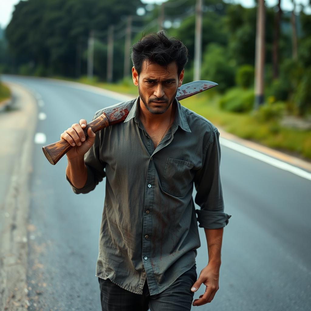 A man walking on the side of the road, carrying a bloody machete