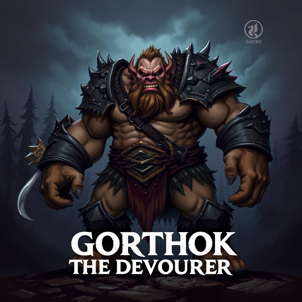 A fierce and imposing barbarian ogre named Gorthok the Devourer stands in a battle-ready stance