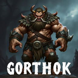 A fierce and imposing barbarian ogre named Gorthok the Devourer stands in a battle-ready stance