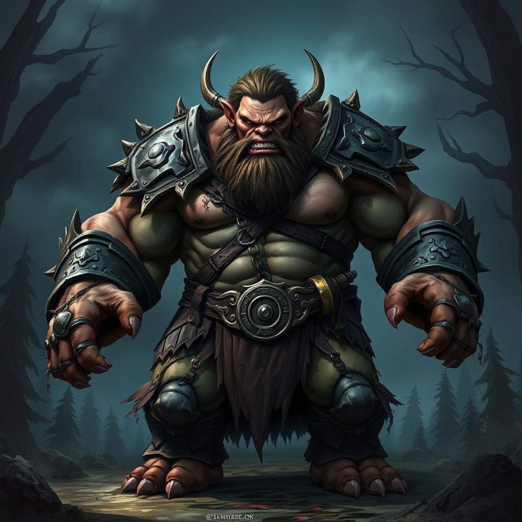 A fierce and imposing barbarian ogre named Gorthok the Devourer stands in a battle-ready stance