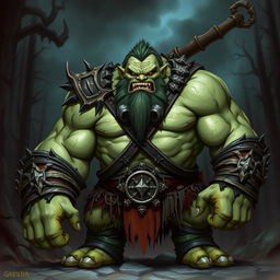 A fierce and imposing barbarian ogre named Gorthok the Devourer stands in a battle-ready stance