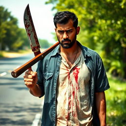 A man walking on the side of the road, carrying a bloody machete