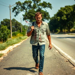 A man walking on the side of the road, carrying a bloody machete