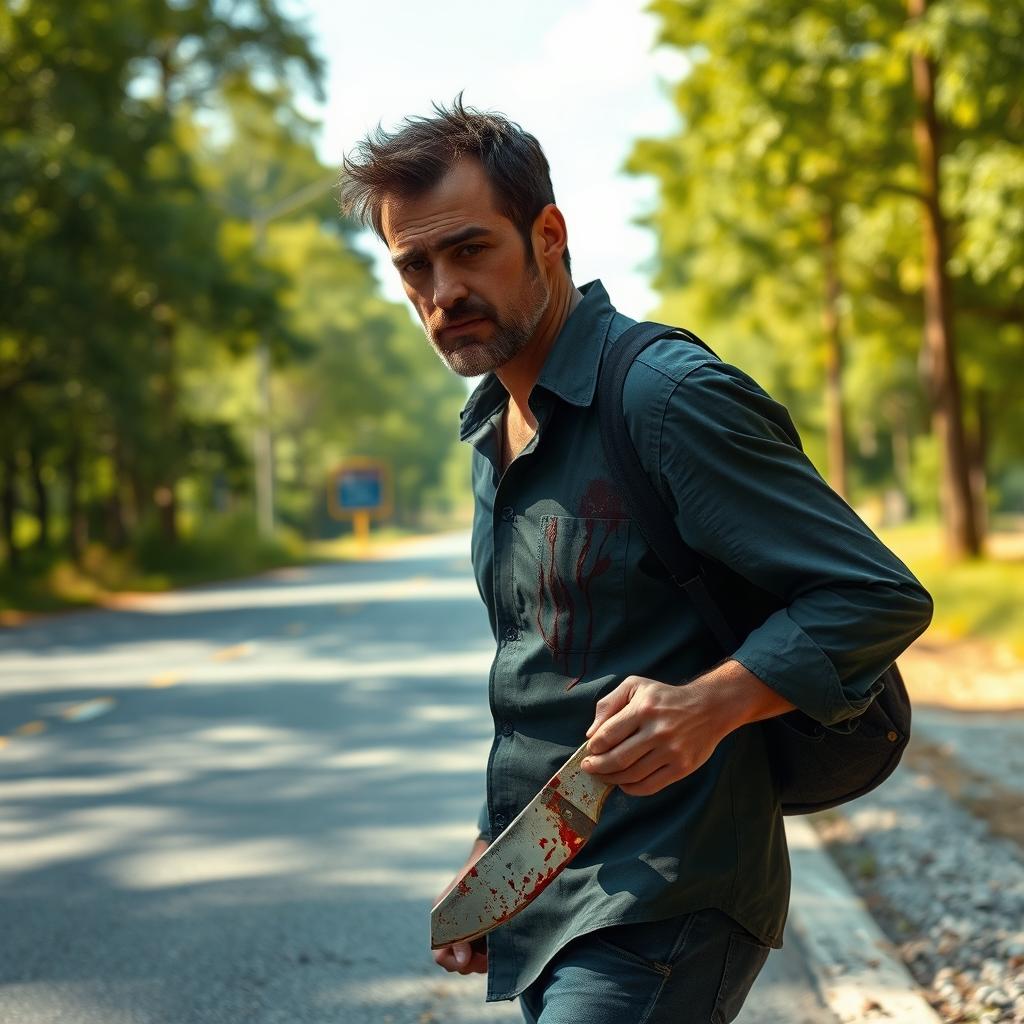 A man walking on the side of the road, carrying a bloody machete