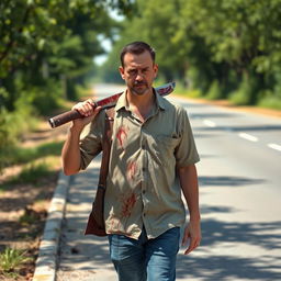 A man walking on the side of the road, carrying a bloody machete