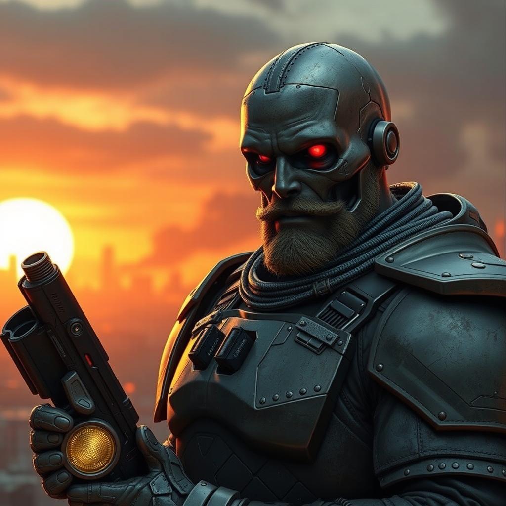 George Floyd wearing armor and a metal chest plate, with some metal in his skull and a red glowing eye