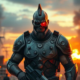 George Floyd wearing armor and a metal chest plate, with some metal in his skull and a red glowing eye