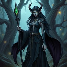 A dark elf sorceress named Xylara the Enchantress stands in a mystical forest