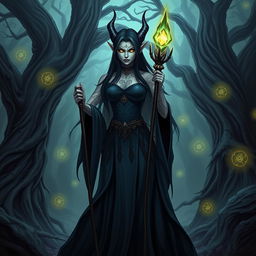 A dark elf sorceress named Xylara the Enchantress stands in a mystical forest