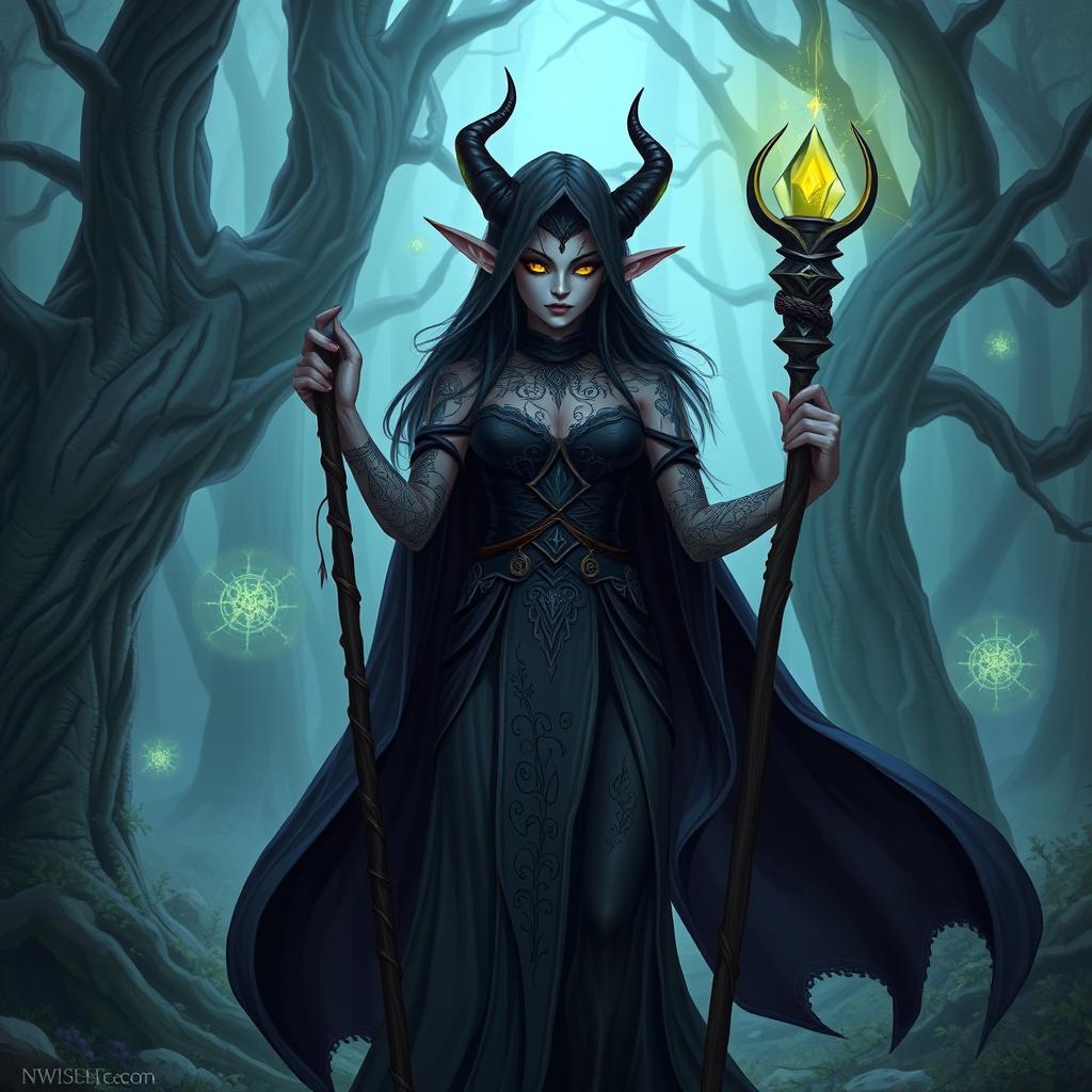 A dark elf sorceress named Xylara the Enchantress stands in a mystical forest