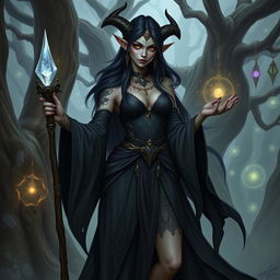 A dark elf sorceress named Xylara the Enchantress stands in a mystical forest