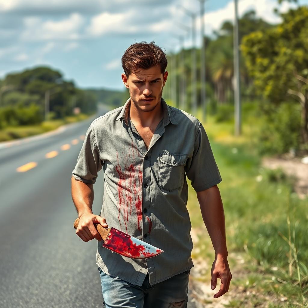 A man walking on the side of the road with a bloody machete in his hand and blood on his shirt