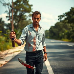 A man walking on the side of the road with a bloody machete in his hand and blood on his shirt