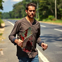 A man walking on the side of the road with a bloody machete in his hand and blood on his shirt