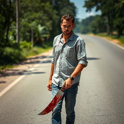 A man walking on the side of the road with a bloody machete in his hand and blood on his shirt