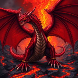 A mighty red dragon named Tharagon the Immortal stands in a fierce battle stance