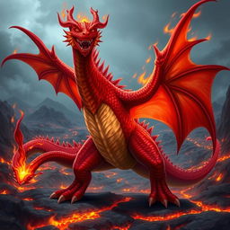 A mighty red dragon named Tharagon the Immortal stands in a fierce battle stance