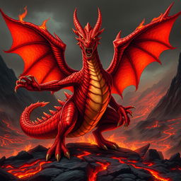 A mighty red dragon named Tharagon the Immortal stands in a fierce battle stance