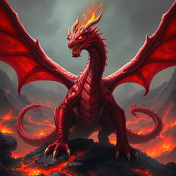 A mighty red dragon named Tharagon the Immortal stands in a fierce battle stance