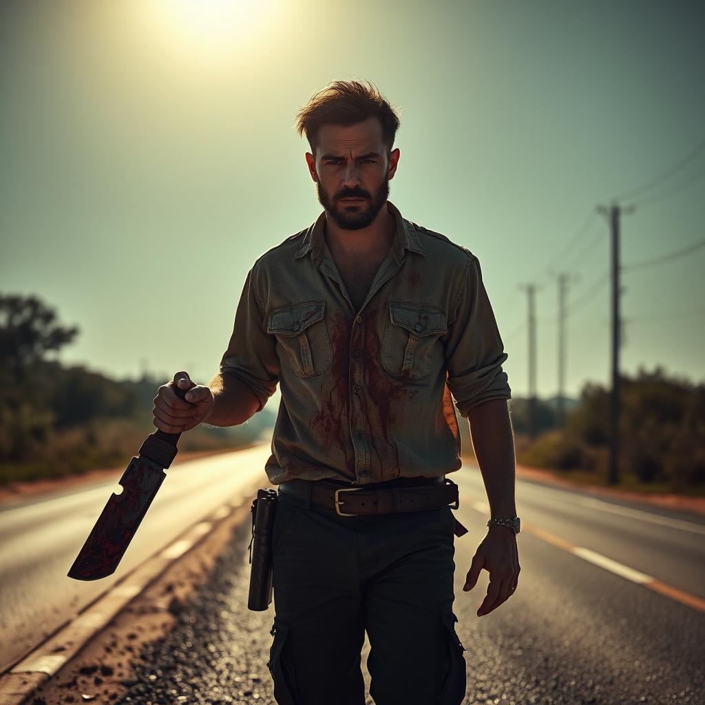 A man walking on the side of the road with a bloody machete in his hand and blood on his shirt