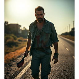 A man walking on the side of the road with a bloody machete in his hand and blood on his shirt