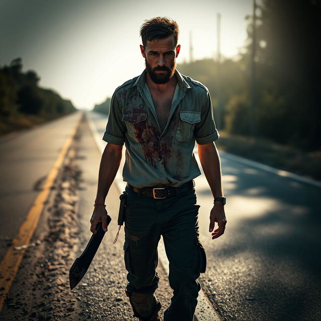 A man walking on the side of the road with a bloody machete in his hand and blood on his shirt