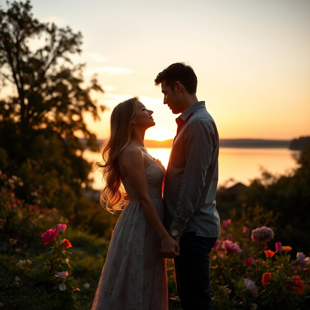 A romantic scene featuring a couple in a serene, picturesque setting