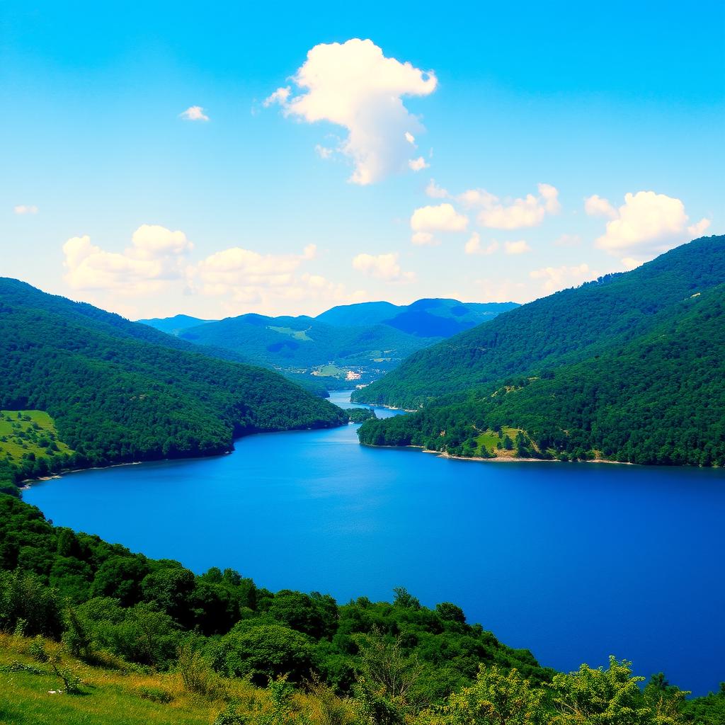 A beautiful landscape featuring a serene lake surrounded by lush green hills, with a clear blue sky and a few fluffy white clouds