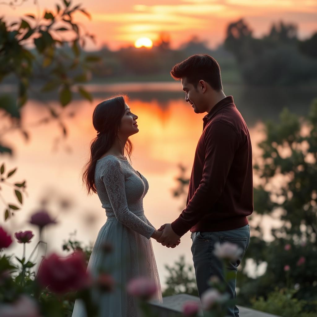 A romantic scene featuring a couple in a serene, picturesque setting