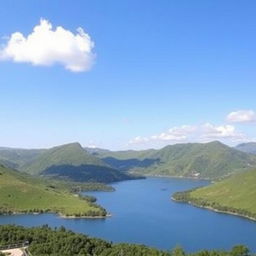 A beautiful landscape featuring a serene lake surrounded by lush green hills, with a clear blue sky and a few fluffy white clouds