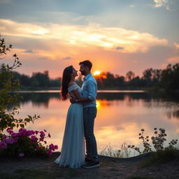 A romantic scene featuring a couple in a serene, picturesque setting