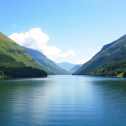 A beautiful landscape featuring a serene lake surrounded by lush green hills, with a clear blue sky and a few fluffy white clouds