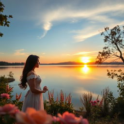 A romantic scene featuring a couple in a serene, picturesque setting