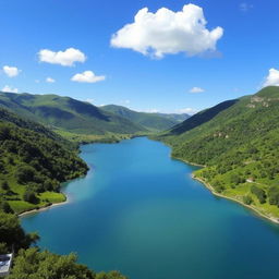 A beautiful landscape featuring a serene lake surrounded by lush green hills, with a clear blue sky and a few fluffy white clouds