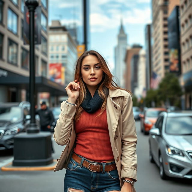 A confident and attractive woman in the USA, dressed in fashionable and trendy clothing