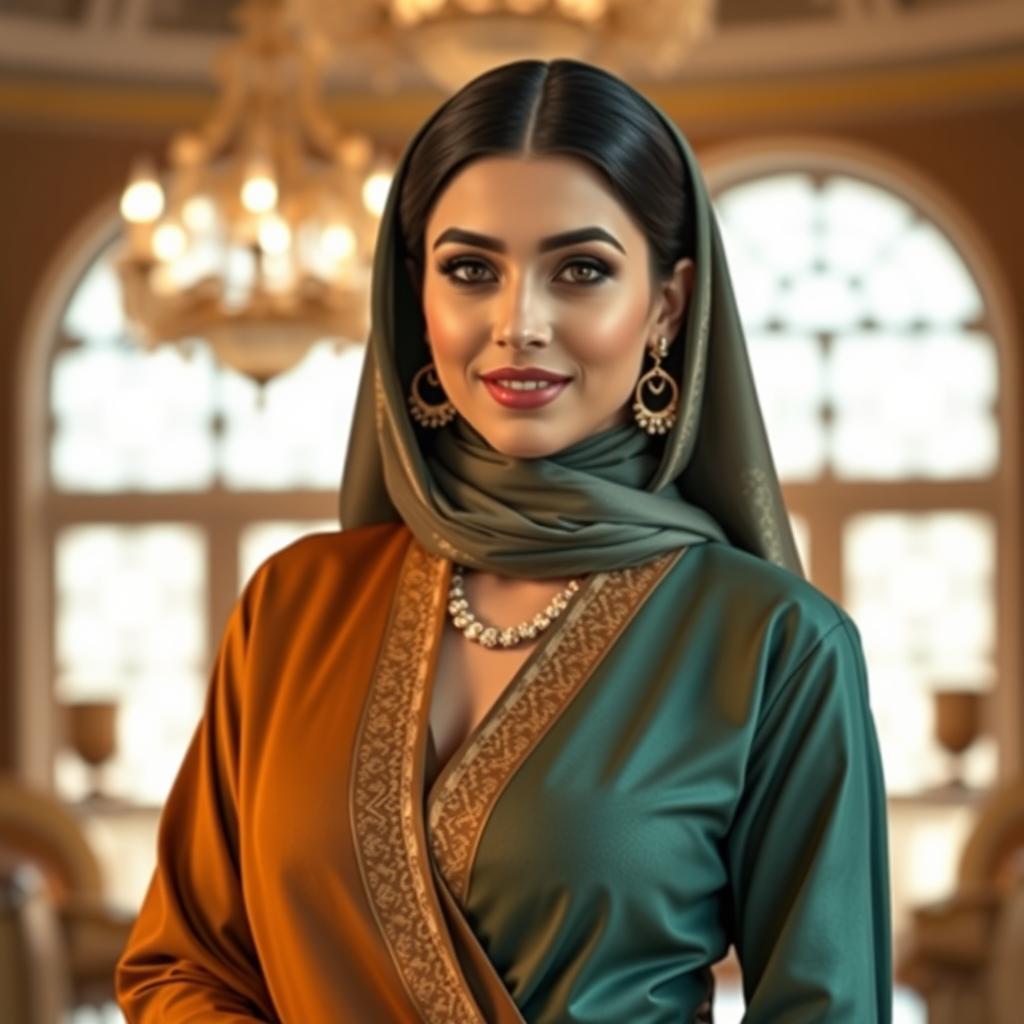 A beautiful and confident Arabic woman, dressed in elegant and stylish attire that respects cultural norms