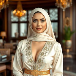 A beautiful and confident Arabic woman, dressed in elegant and stylish attire that respects cultural norms