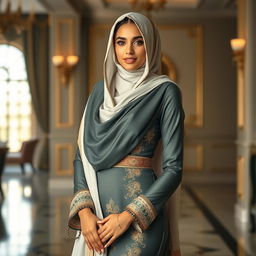 A beautiful and confident Arabic woman, dressed in elegant and stylish attire that respects cultural norms