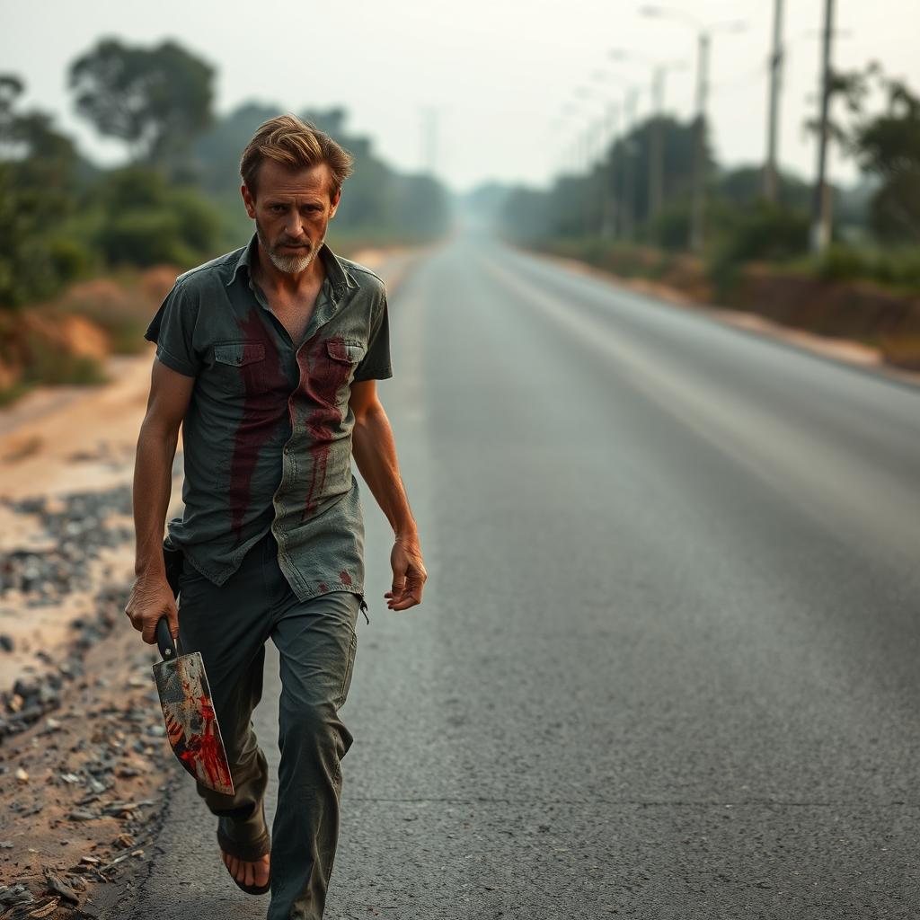 A man walking on the side of the road with a bloody machete in his hand and blood on his shirt