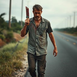 A man walking on the side of the road with a bloody machete in his hand and blood on his shirt