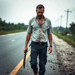 A man walking on the side of the road with a bloody machete in his hand and blood on his shirt