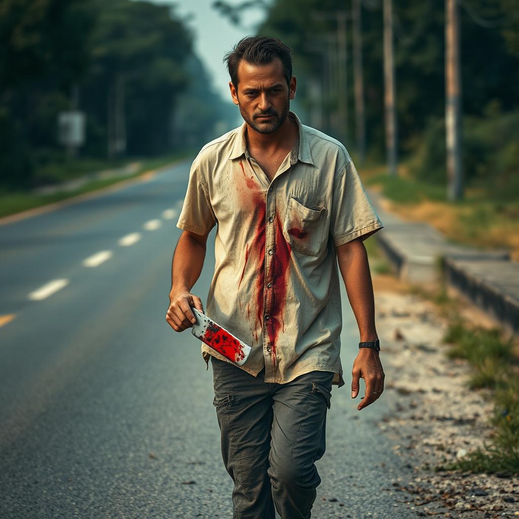 A man walking on the side of the road with a bloody machete in his hand and blood on his shirt